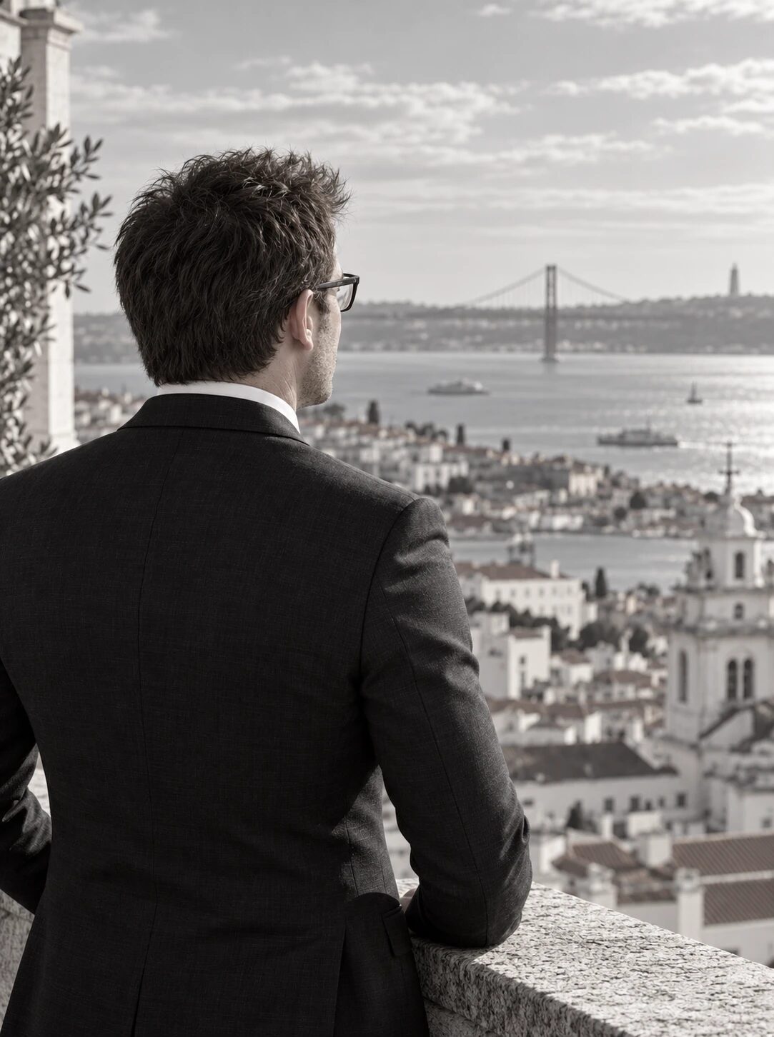Ben Taylor, seen from behind, looking out over Lisbon and the Tagus towards the 25 de Abril bridge.